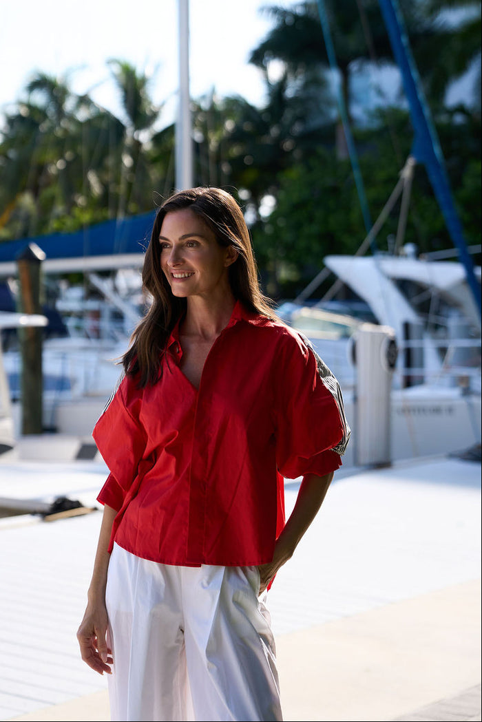 Cotton Balloon Sleeve Shirt - Cherry/Bold Stripe