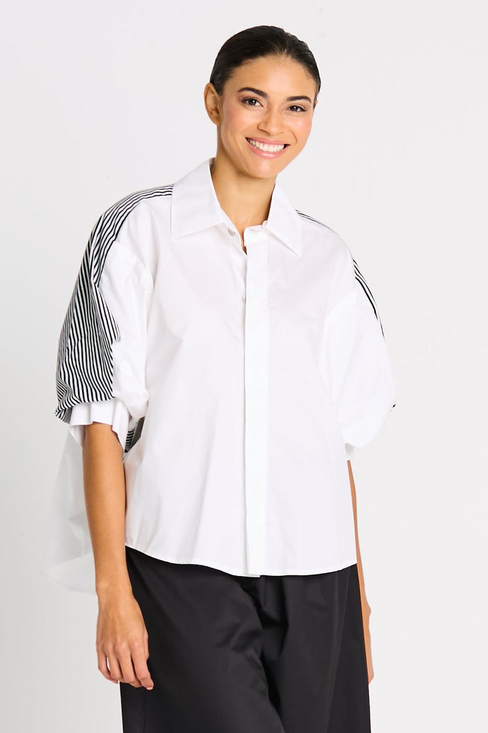 Cotton Balloon Sleeve Shirt - White/Bold Stripe