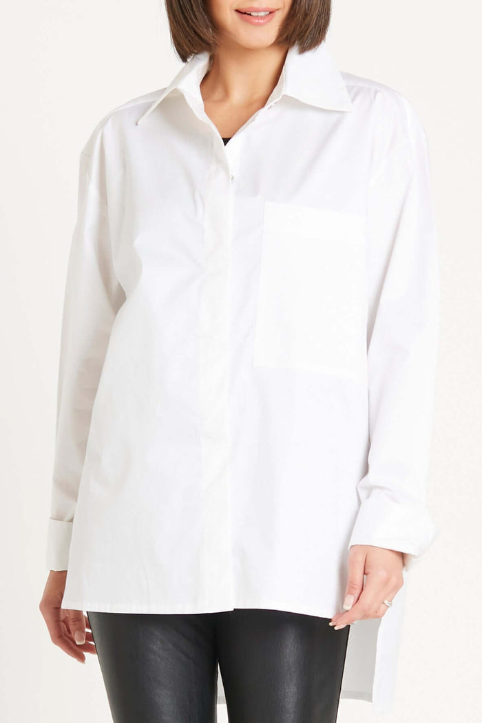 Front view of white Cotton Kool Shirt by Planet by Lauren G – minimalist long-sleeve women's button-down shirt made from breathable cotton.