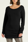 Cotton Lycra  Long Sleeve Ruche Top - Black