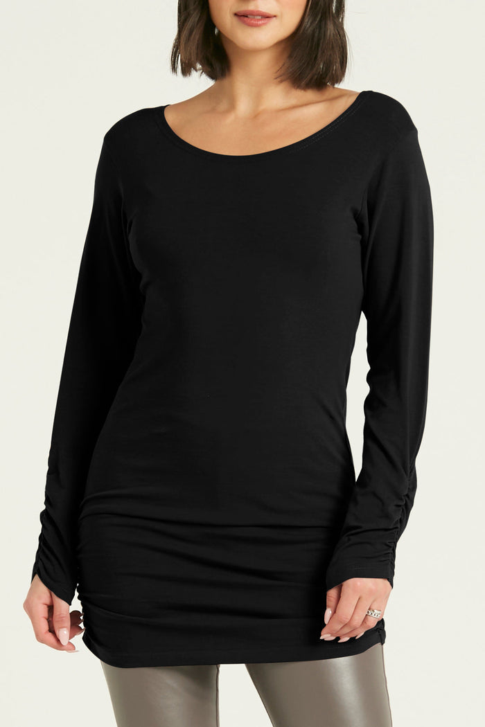 Cotton Lycra  Long Sleeve Ruche Top - Black