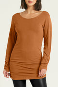 Cotton Lycra  Long Sleeve Ruche Top - Chestnut