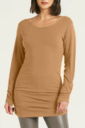 Cotton Lycra  Long Sleeve Ruche Top - Walnut