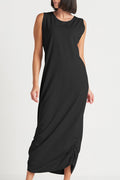 Black sleeveless ruche lycra cotton tank dress worn by a model on a white background