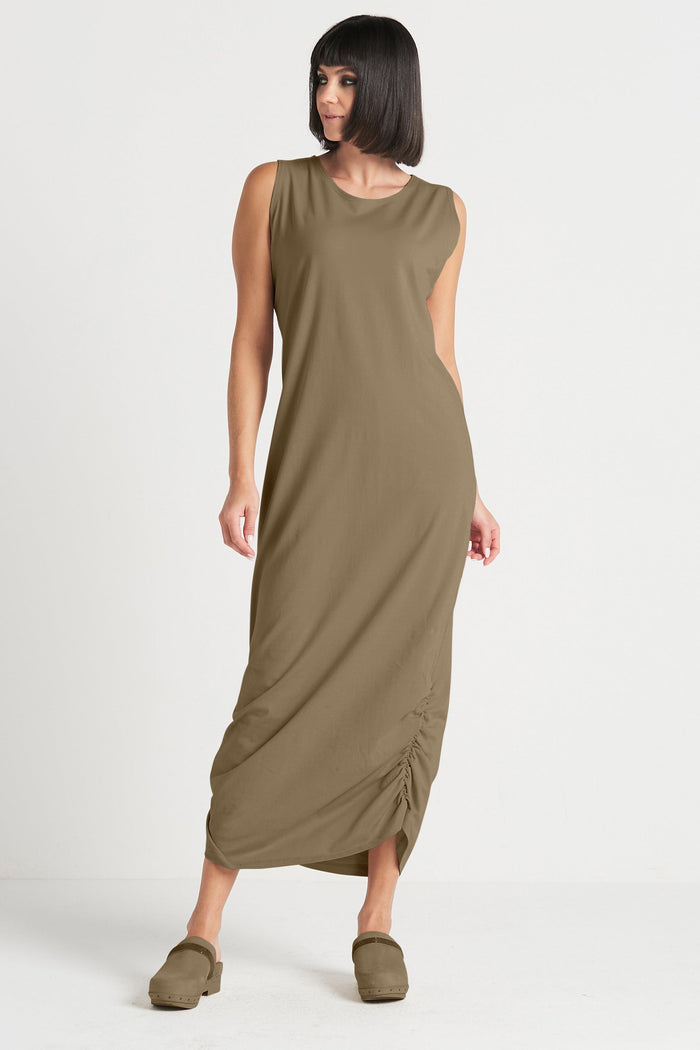 Cotton Lycra Ruched Tank Dress - Loden