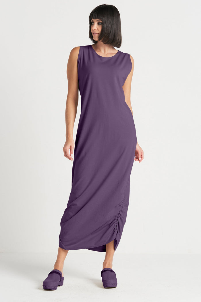Cotton Lycra Ruched Tank Dress - Plum