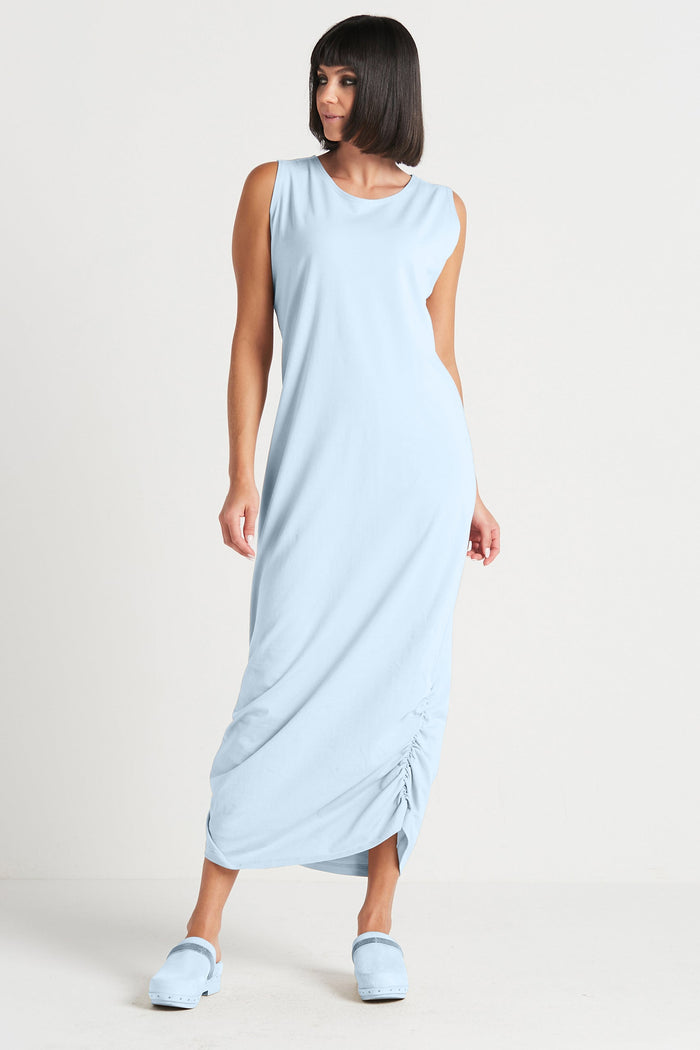 Cotton Lycra Ruched Tank Dress - Sky