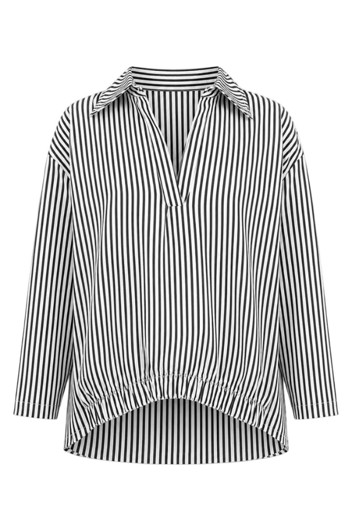 100% Cotton Black and white striped shirt on a white background