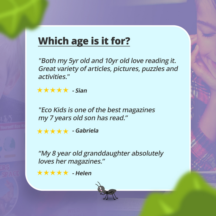 Testimonials from parents of children aged 5–10 reading Eco Kids Planet magazine
