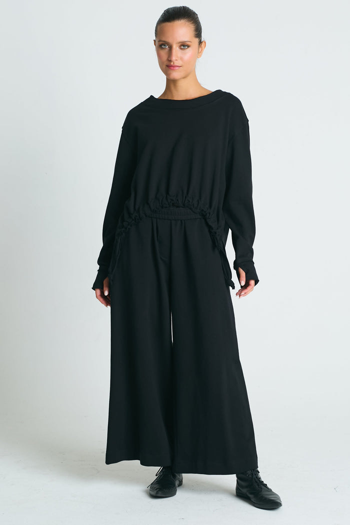 French Terry Crop Drawstring Top - Black