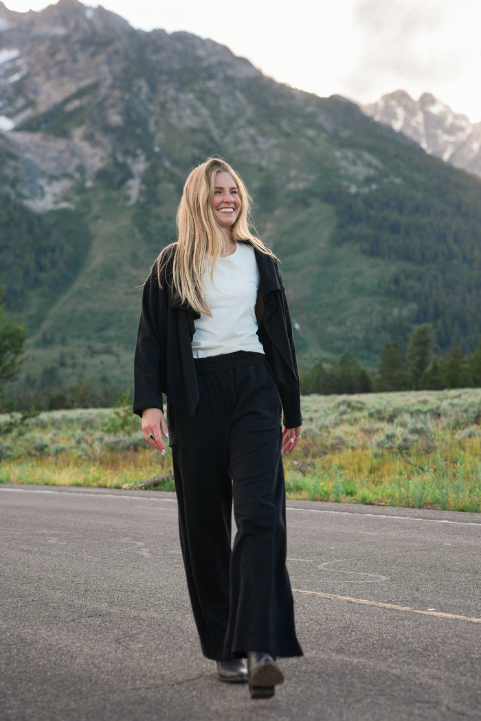 French Terry Cropped Asymmetrical Jacket - Black