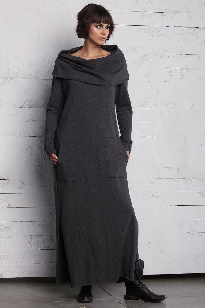 French Terry Long Cowl Dress - Asphalt