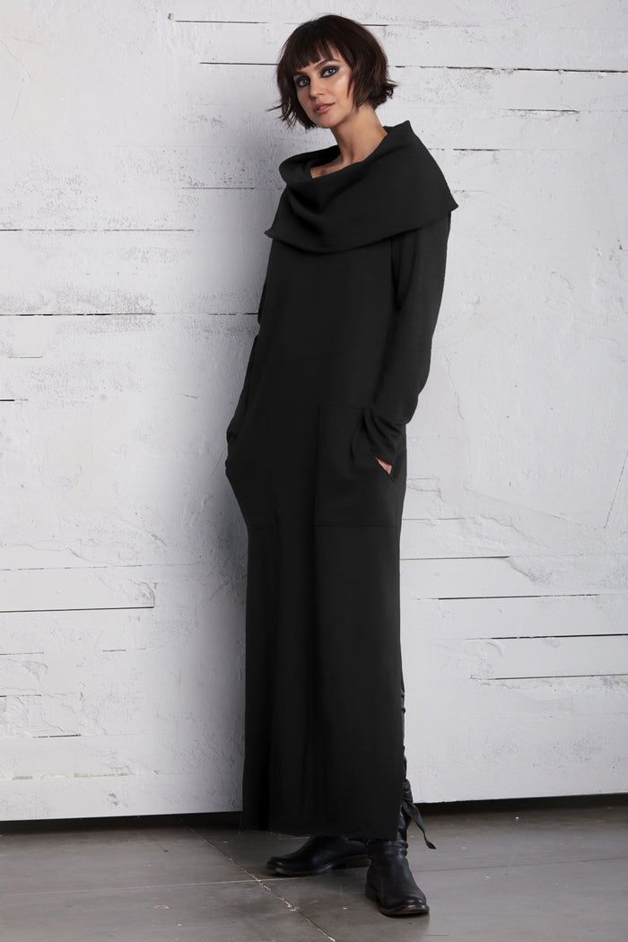 French Terry Long Cowl Dress - Black