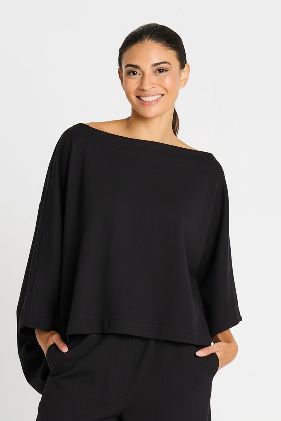 French Terry Off the Shoulder Blouson - Black