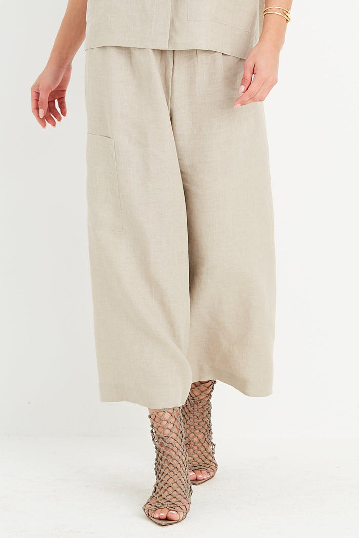 Handkerchief Linen Crop Gaucho Pants - Fawn