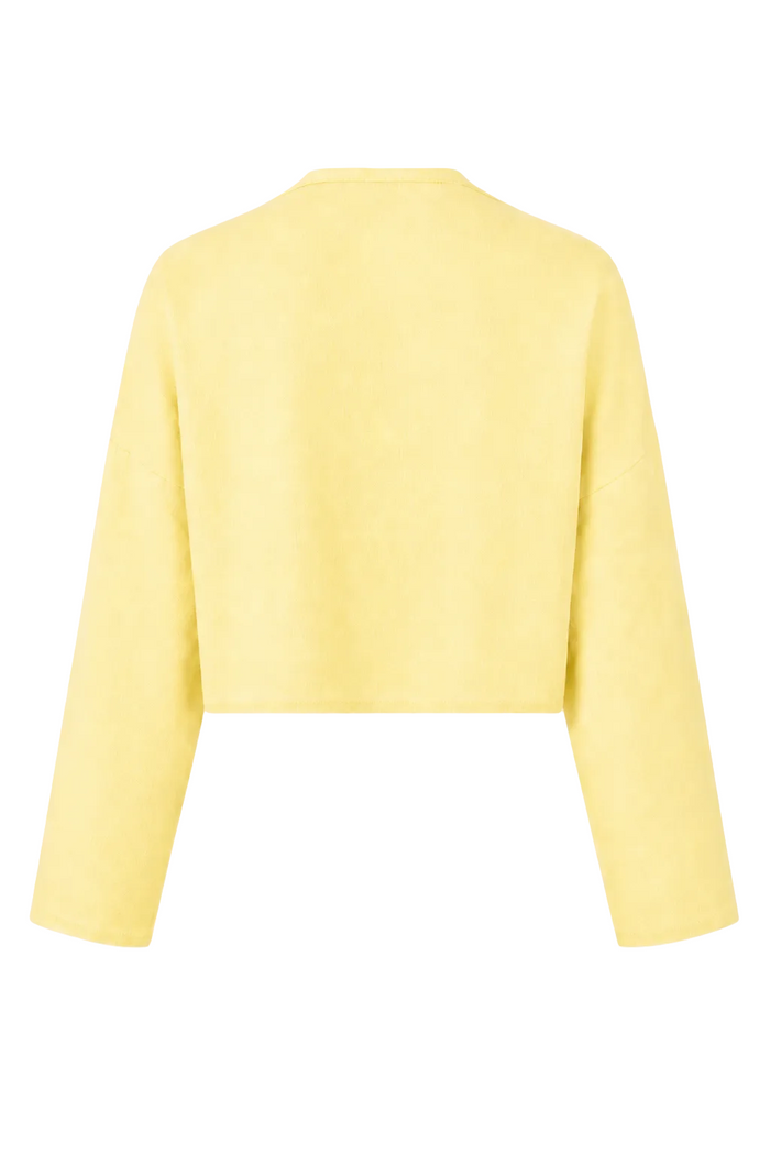 A 100% linen pale yellow cropped long-sleeve sweater shown from the back against a plain white background.