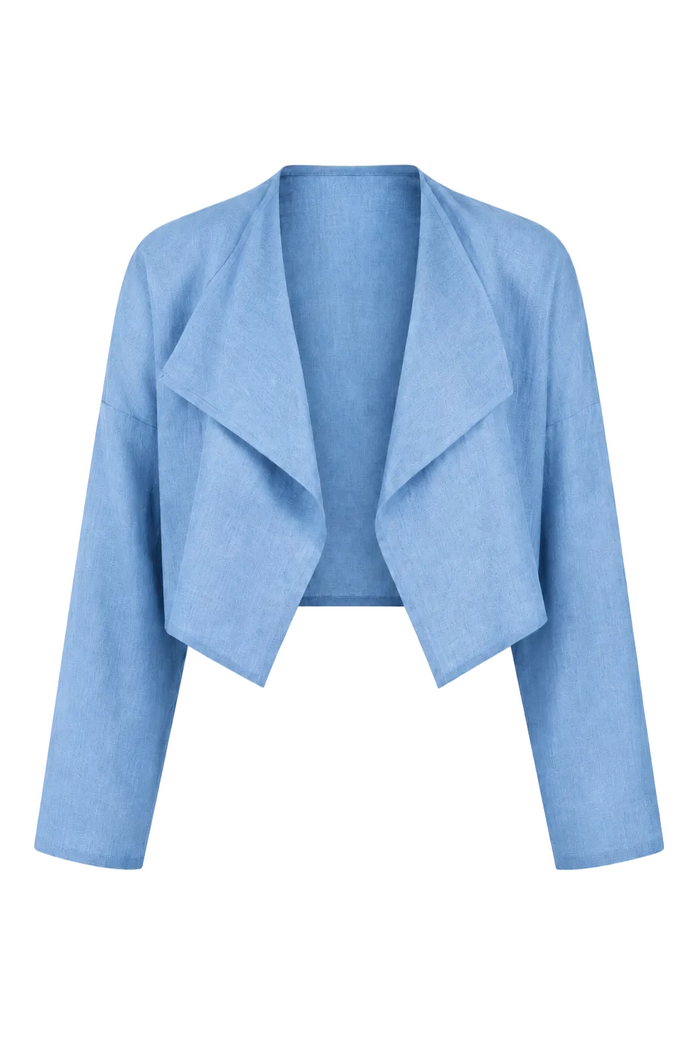 A 100% linen light blue cropped jacket with a draped, open-front design and long sleeves, shown against a plain white background.