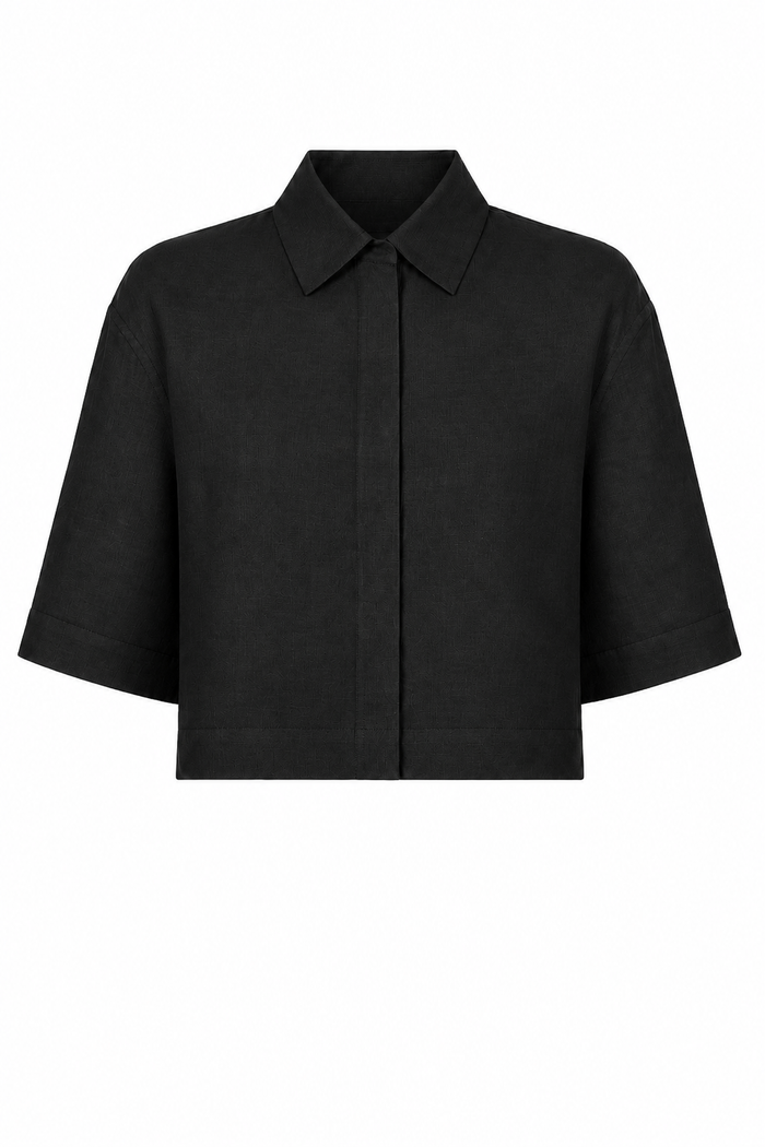 A 100% linen black short-sleeve collared shirt jacket with a button-down front, displayed on a solid white background.