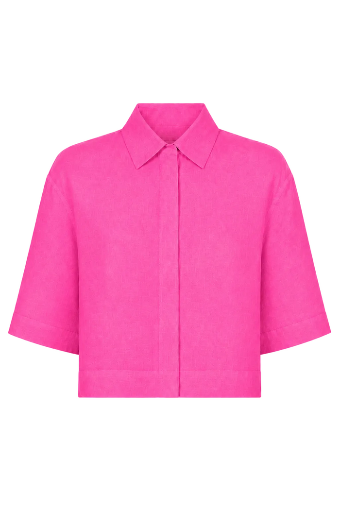 A bright pink short-sleeve 100% linen collared shirt jacket with a button-down front, displayed on a clean white background.