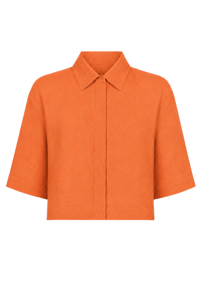 An orange short-sleeve 100% linen collared shirt jacket with a structured front, displayed on a clean white background.