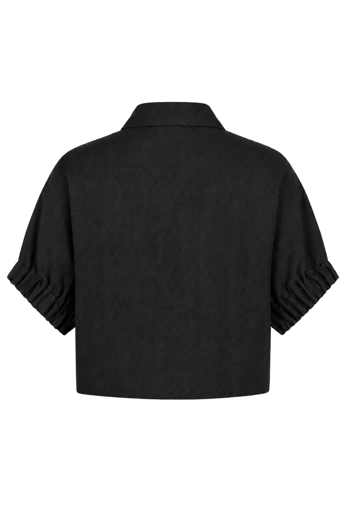 100% linen Black short-sleeve cropped shirt with gathered pleated cuffs, shown from the back on a white background.