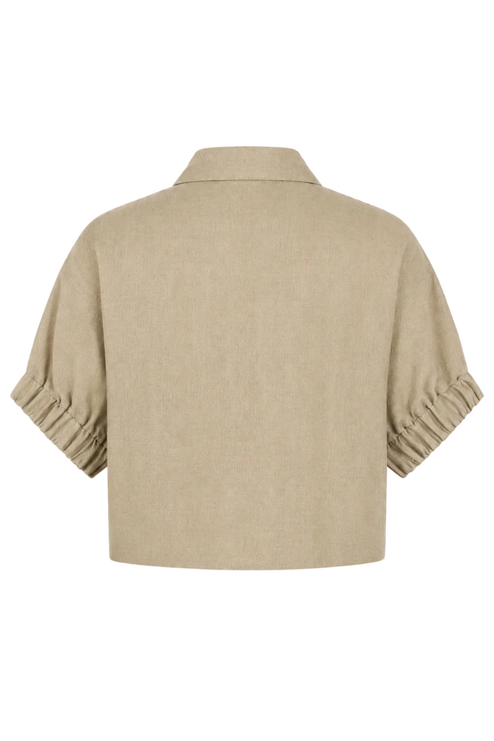 A beige short-sleeve cropped shirt jacket with gathered, pleated sleeves, shown from the back on a white background.
