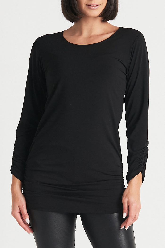Matte Jersey Long Sleeve Ruche Top - Black