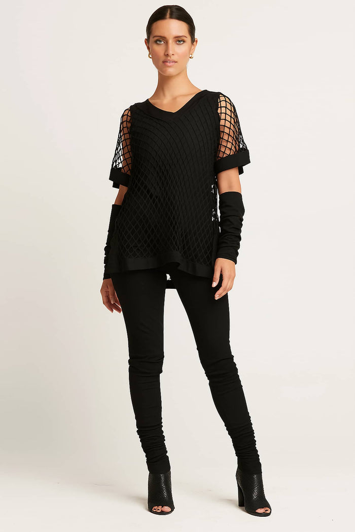 Nylon/Spandex Fishnet V Neck Top - Black