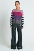 Pima Cotton All Striped Crewneck Sweater - Purple Combo