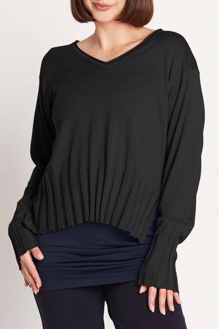 Pima Cotton Cropped V Neck Sweater - Black