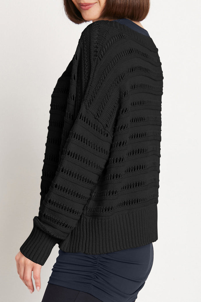 Pima Cotton Loomed Boatneck Sweater - Black