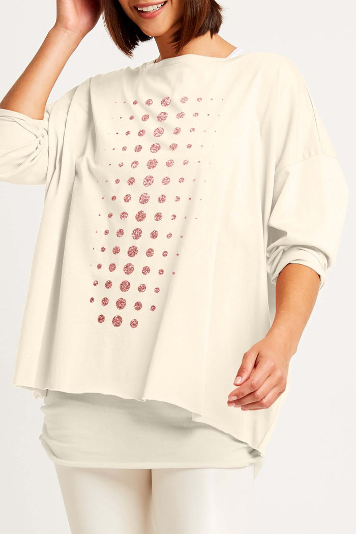 Model wearing ivory stone Pima Cotton Metallic Dot Dot Dot Luxury Boxy T by Planet by Lauren G – relaxed silhouette with subtle metallic detail.