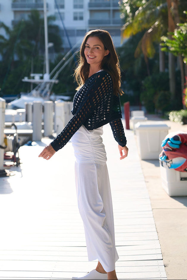 Pima Cotton Mini Crochet Split Neck Knit - Midnight