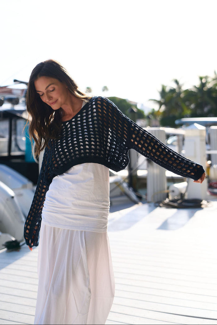 Pima Cotton Mini Crochet Split Neck Knit - Midnight