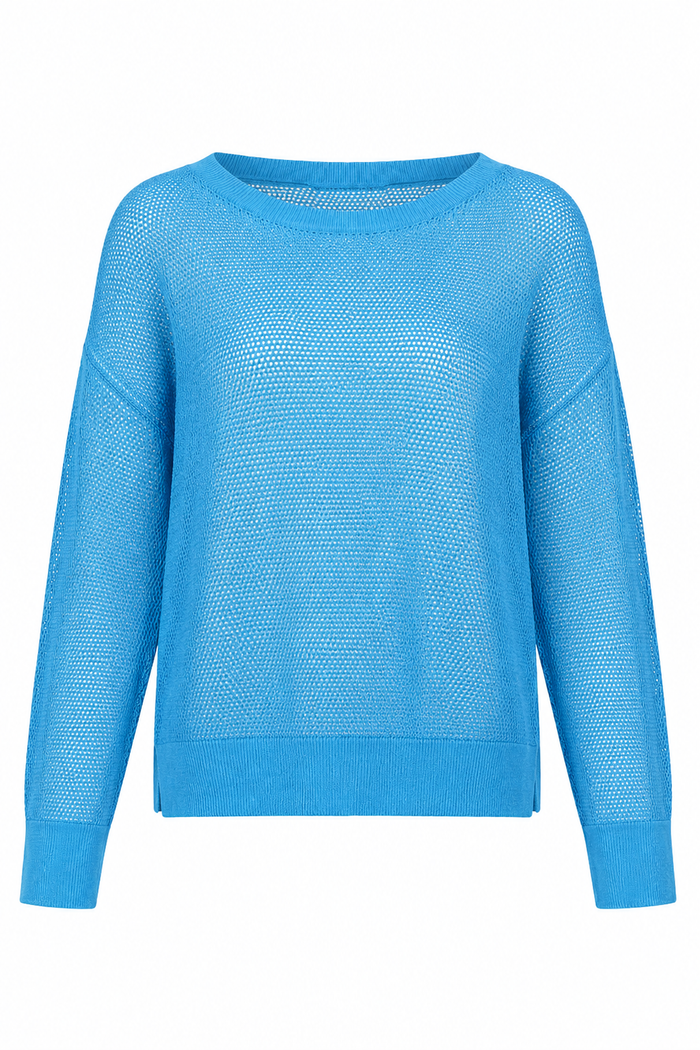 Blue pima cotton sweater on a white background