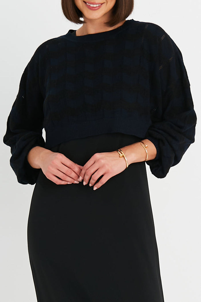 Pima Cotton Mix Mini Zig Zag Crewneck Sweater - Midnight/Black