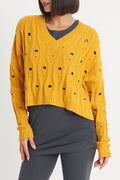 Pima Cotton "Moth" V Neck Sweater - Mustard