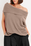 Pima Cotton Ribbed Off The Shoulder Sweater - Fawn