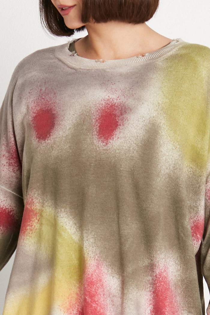 Pima Cotton Spray Can Cropped Tattered Crewneck Sweater - Loden Combo