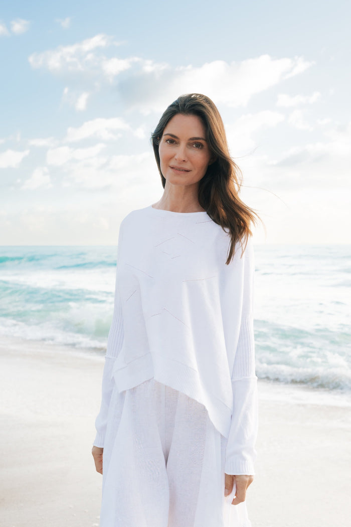 Pima Cotton Stitches Boatneck Sweater - White