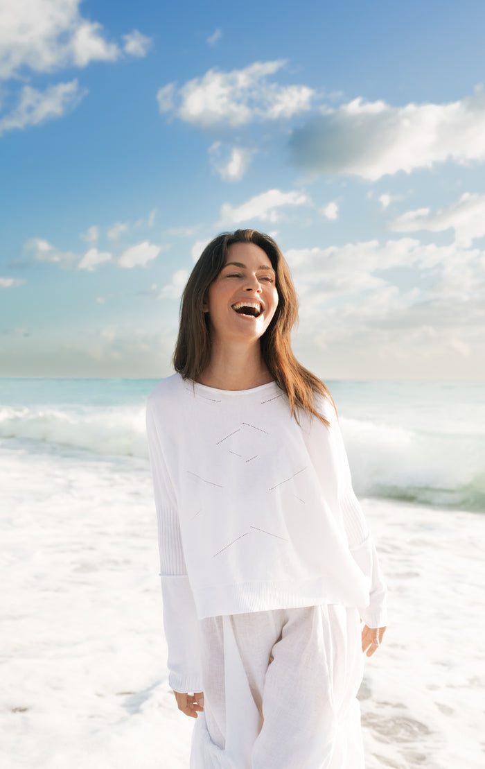 Pima Cotton Stitches Boatneck Sweater - White