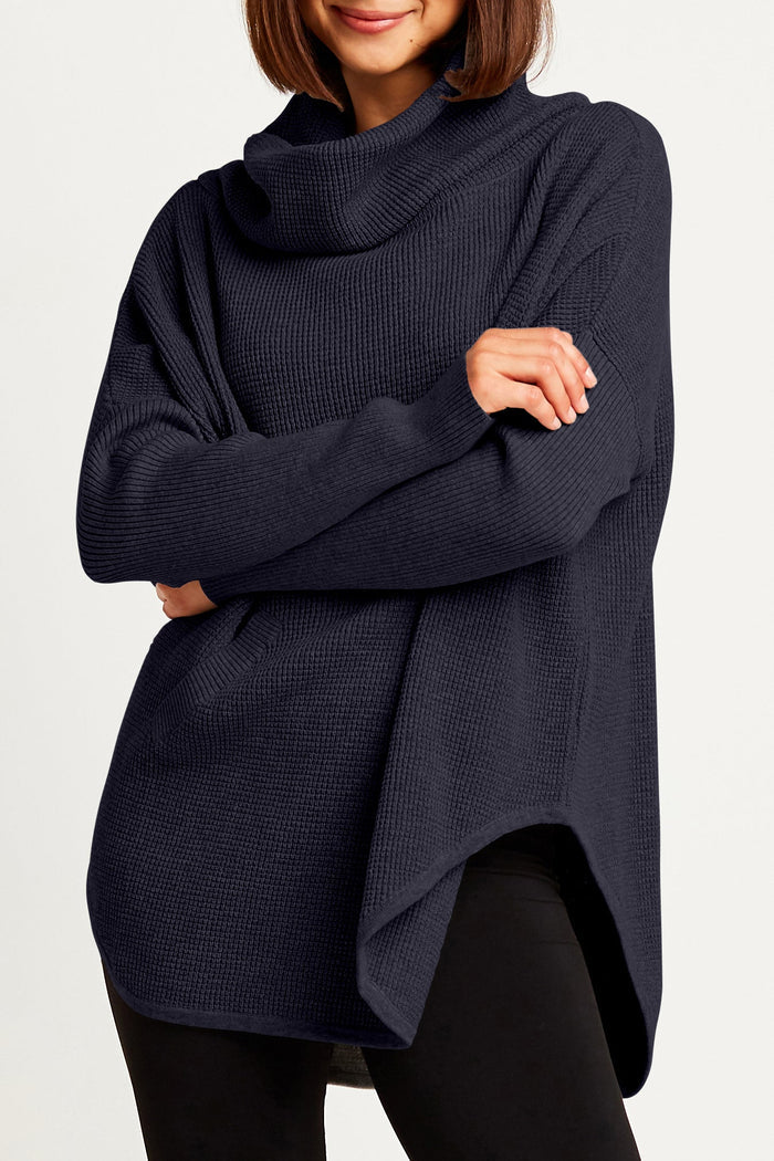 Pima Cotton Waffle Cowl Sweater - Midnight