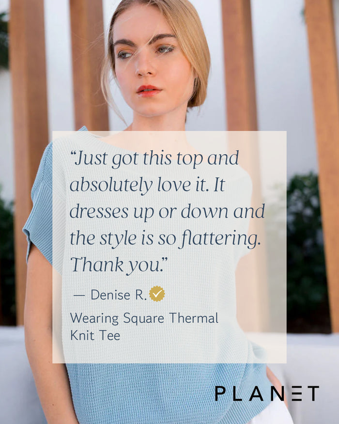 Woman wearing a blue top with a quote and the PLANET name overlay