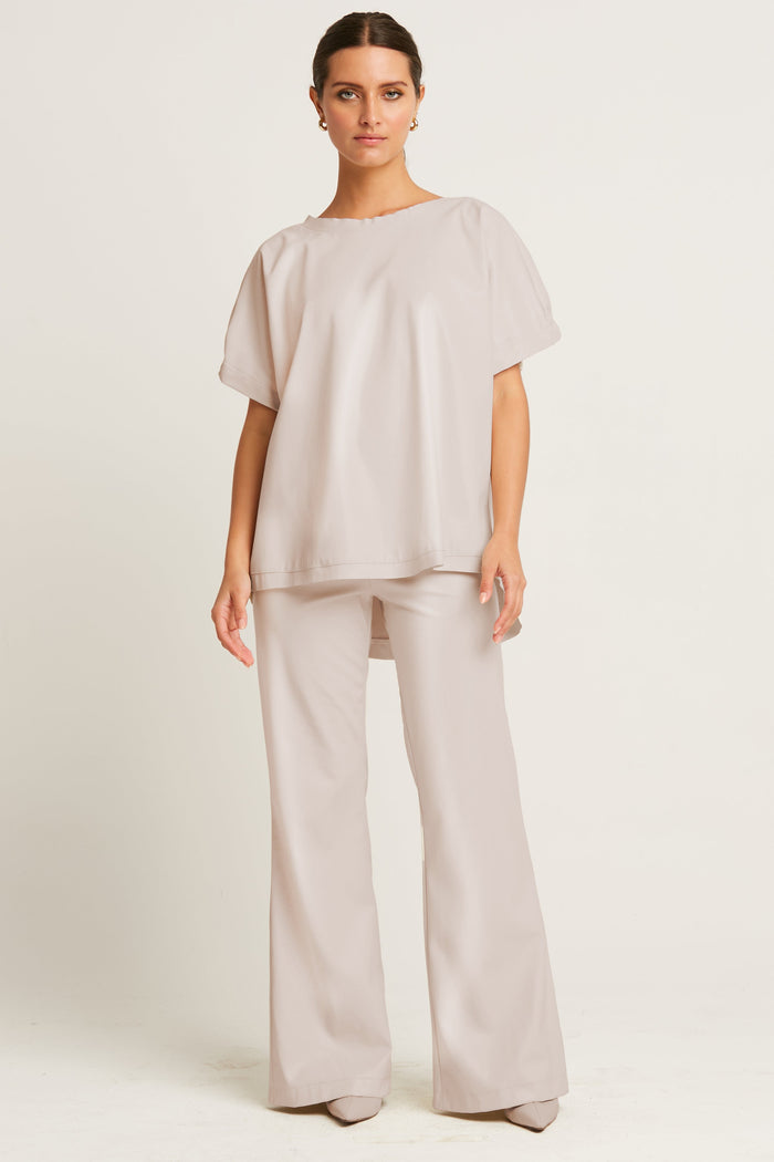 Vegan Leather Bell Bottom Pants - Putty