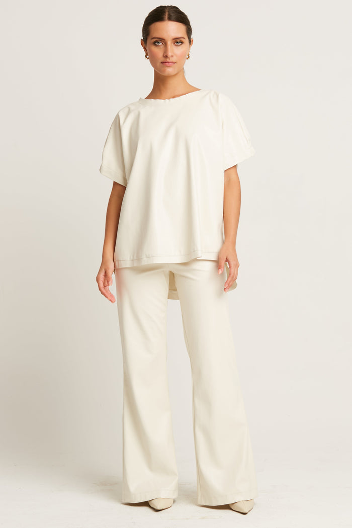 Vegan Leather Bell Bottom Pants - Stone