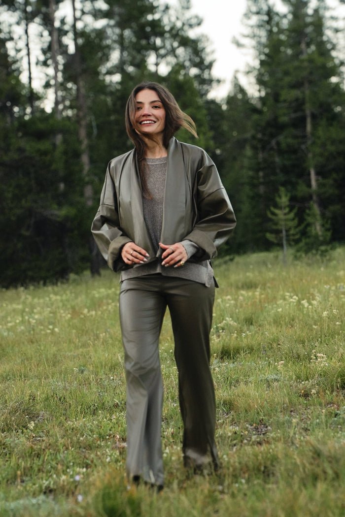 Vegan Leather Bell Bottom Pants - Turtle