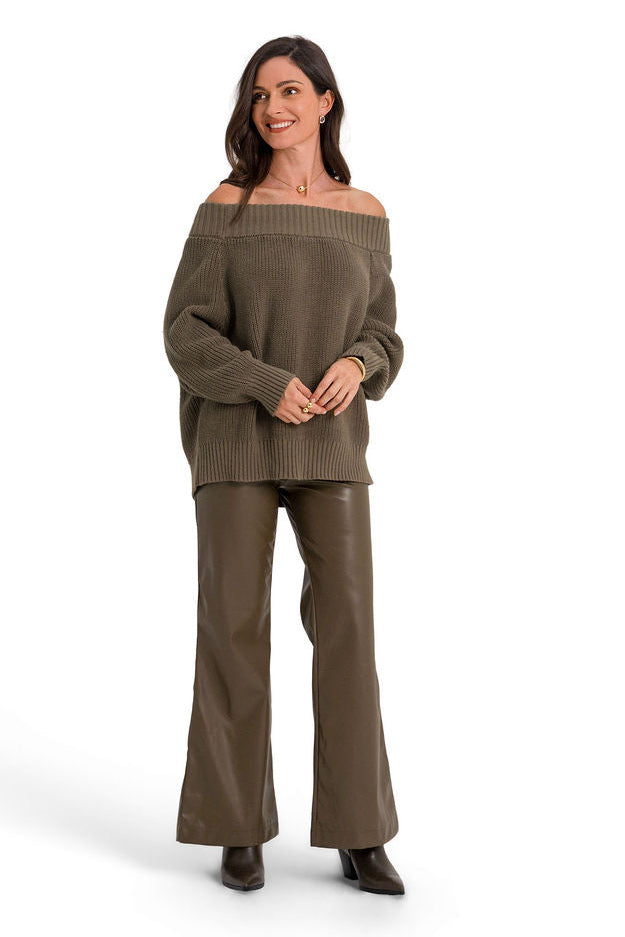 Vegan Leather Bell Bottom Pants - Turtle