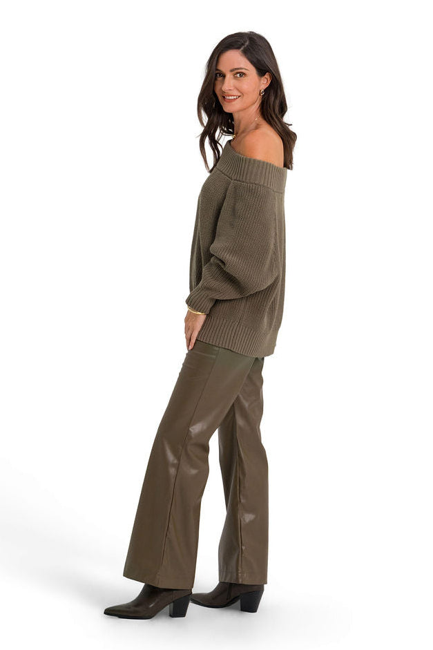 Vegan Leather Bell Bottom Pants - Turtle