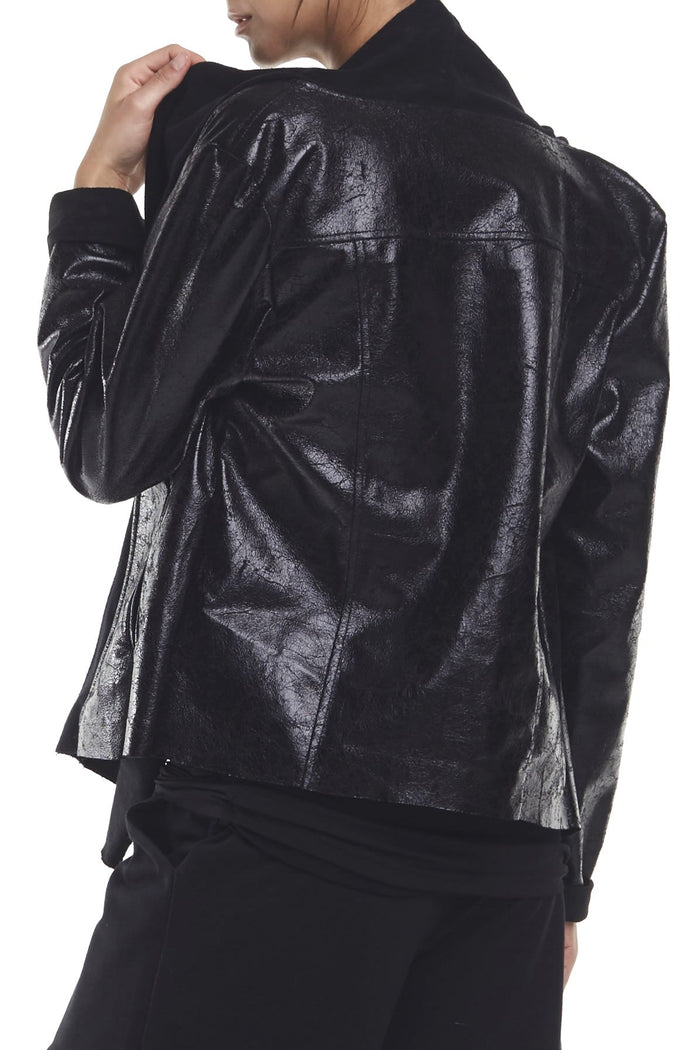 Vegan Leather Distressed Cascade Jacket - Black/Black
