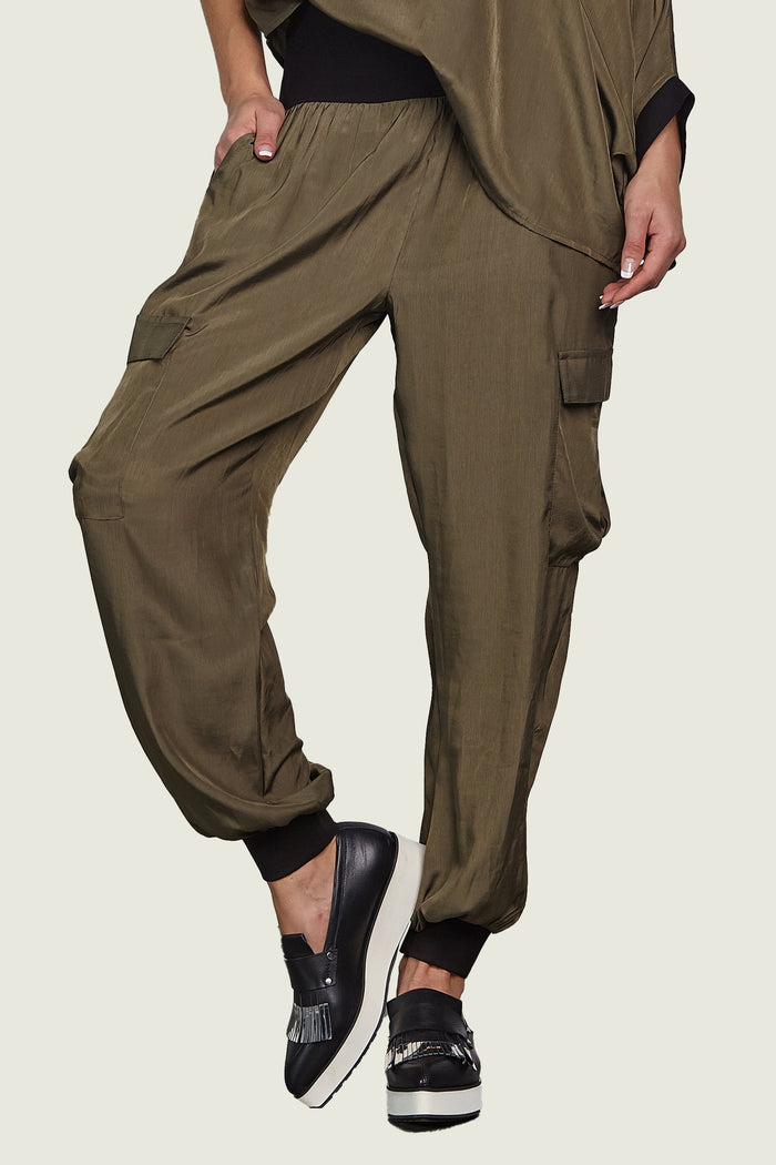 Washable Silk Cargo Pants - Army/Black
